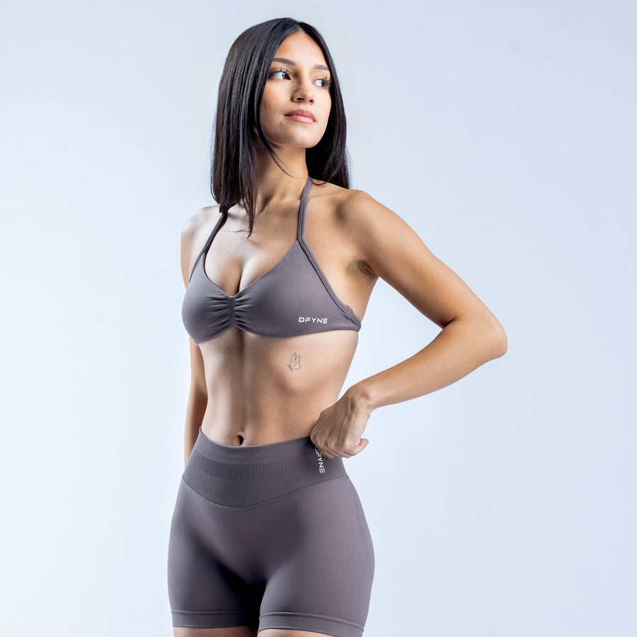 Strappy sports bra with ruched knot-front detail and thin straps in dark gray