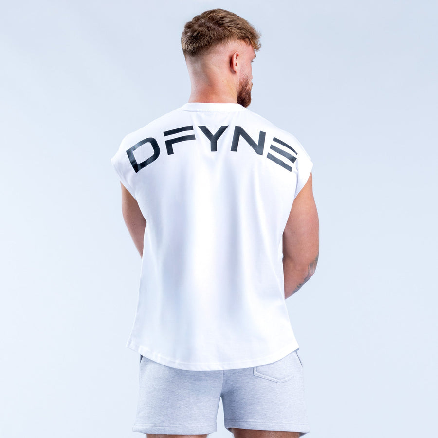 White sleeveless tank top with large stylized logo across the back