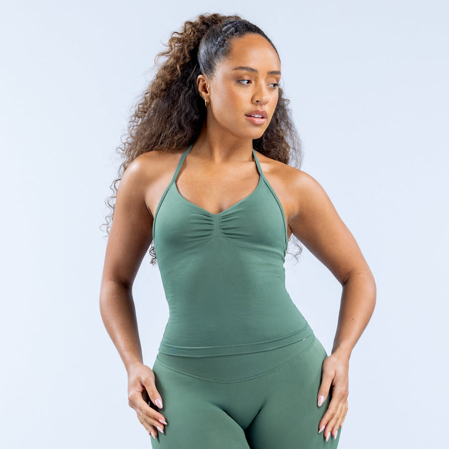 Longline strappy top, dark green, ruched bust detail and fitted long torso