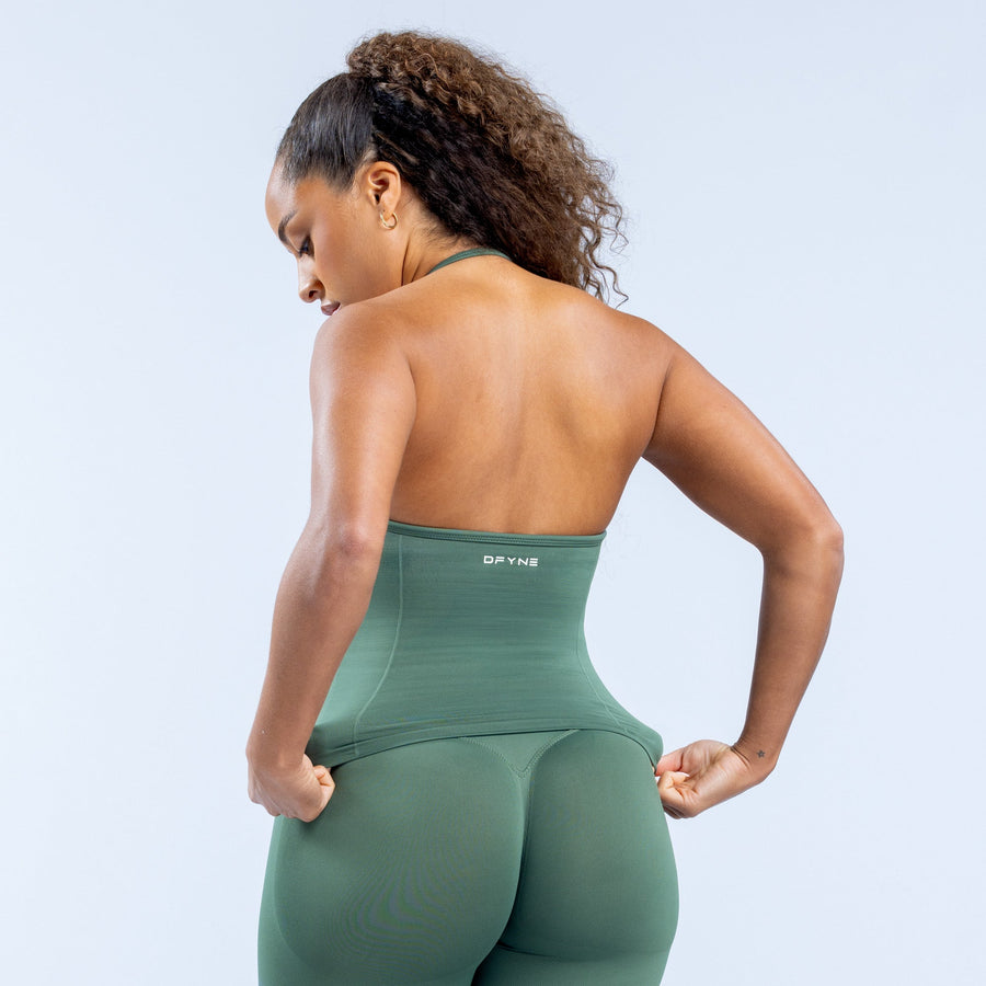 Longline strappy top, dark green, low open back with thin straps and DYNE logo