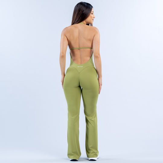 Olive green halter neck all-in-one with open back, wide-leg flares.