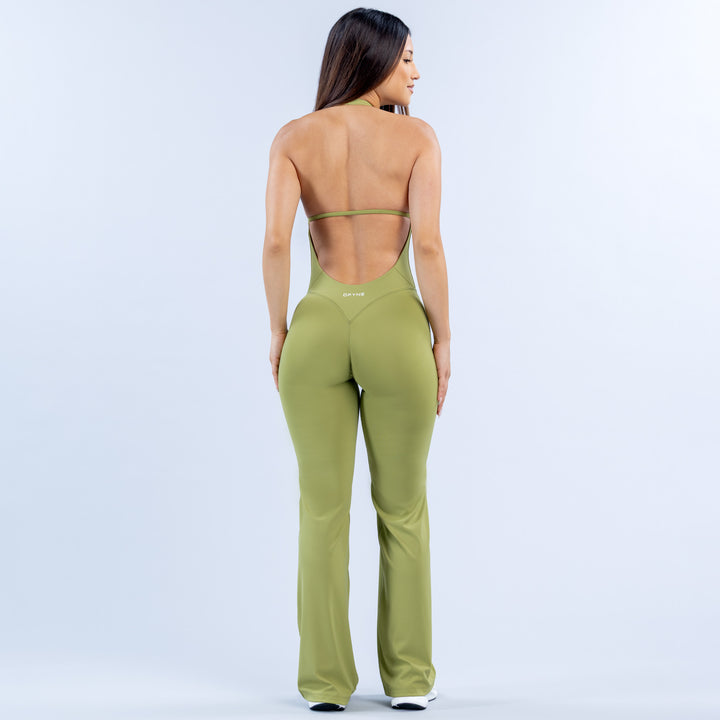 Olive green halter neck all-in-one with open back, wide-leg flares.