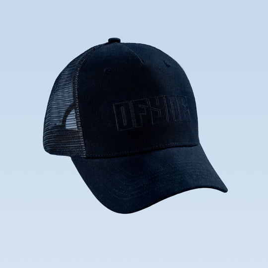 Dark navy trucker cap with front embroidered logo patch