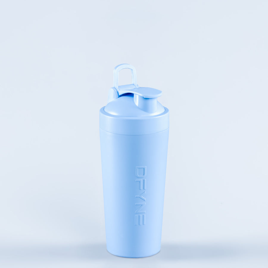 Blue shaker bottle with flip-top lid and vertical DELINE logo on front.