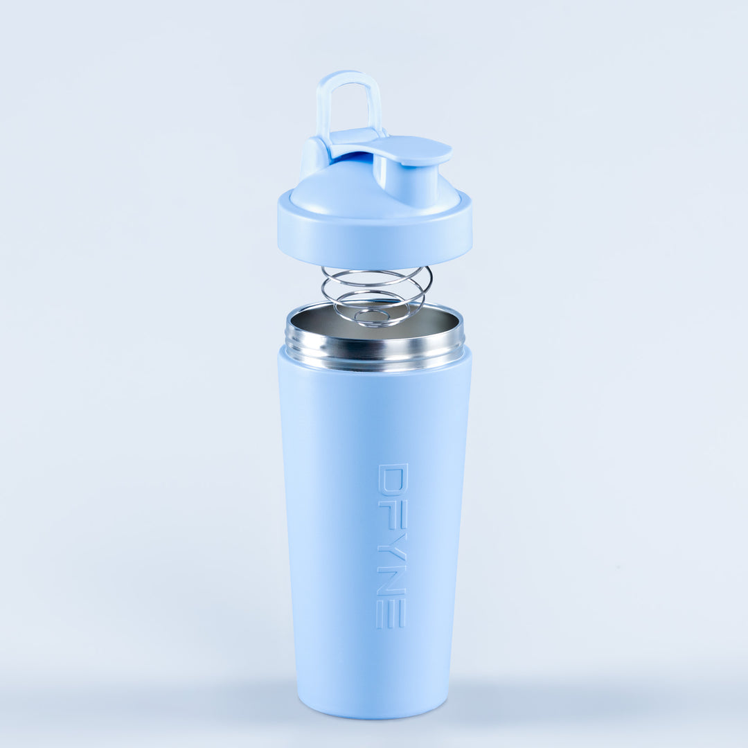 Blue shaker bottle with flip-top lid; open spring strainer and vertical DELINE logo.