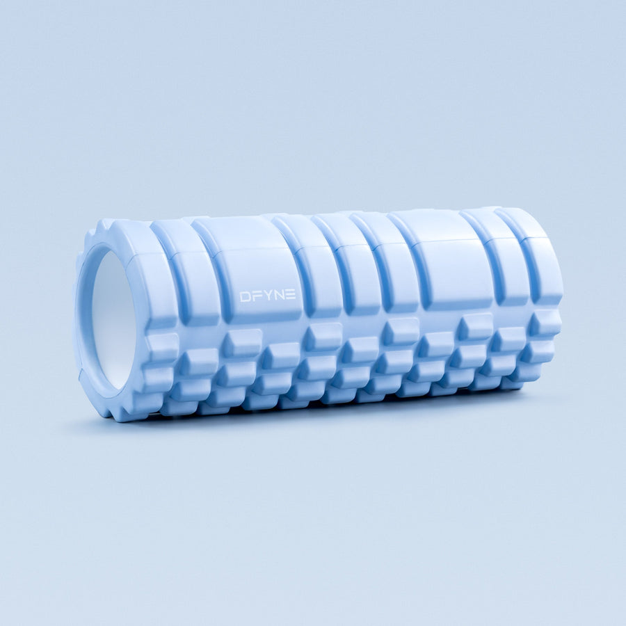 Blue foam roller with segmented ridges and DFYNE logo