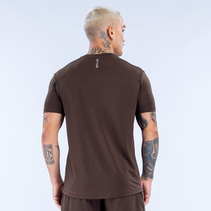 Men's dark brown short-sleeve crewneck active top with back logo near collar