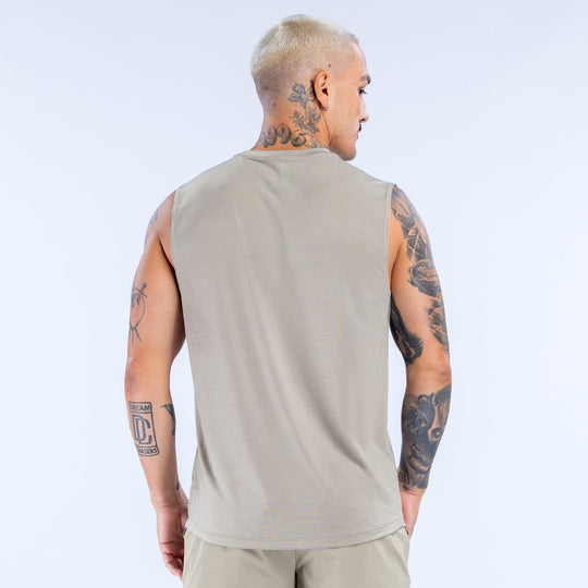 Beige sleeveless crew-neck tank top, back view with straight armholes