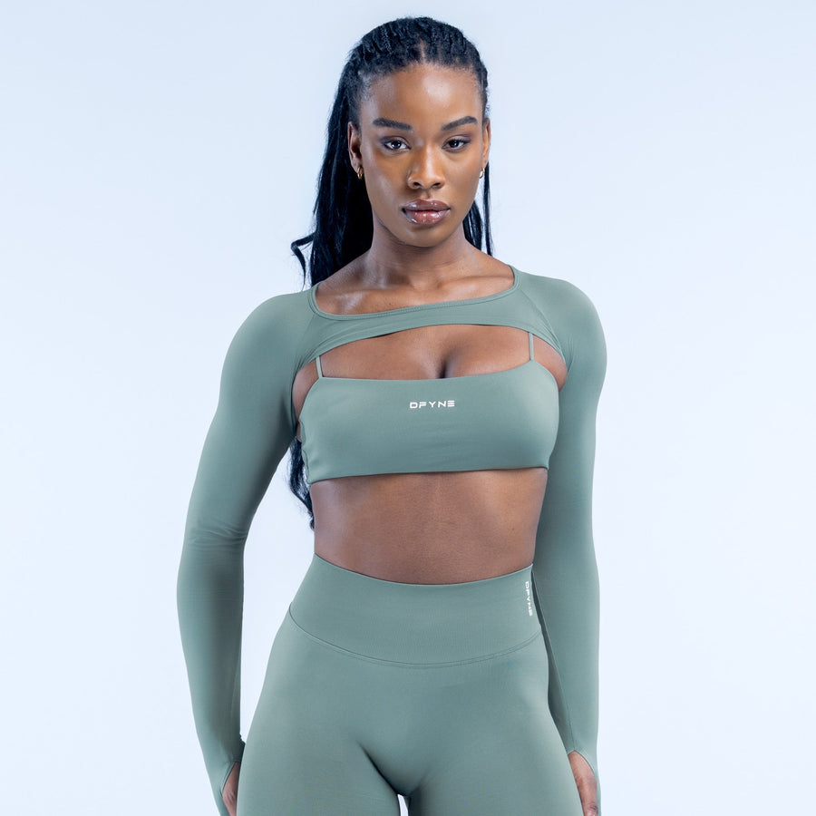 Olive cropped long-sleeve shrug with wide neckline and layered front panel