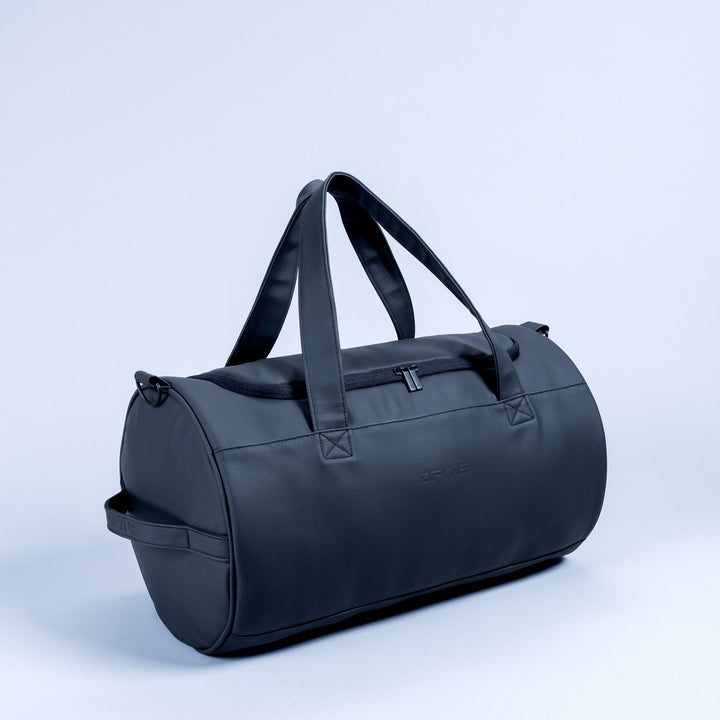 Navy duffle bag with top handles, zip closure, and front pocket