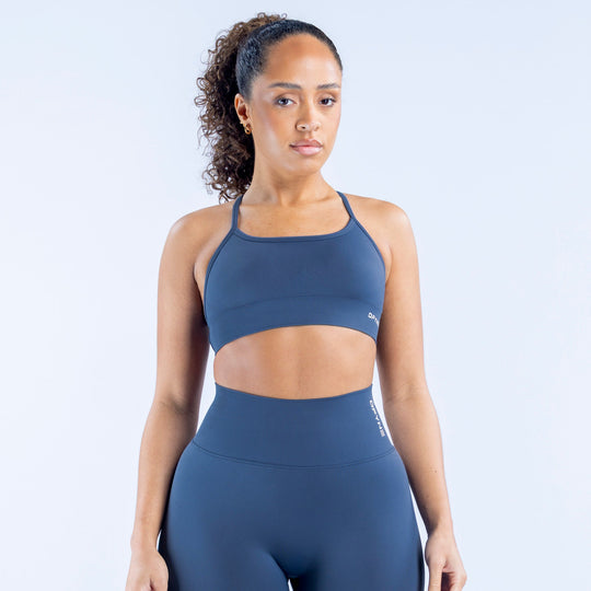 Dynamic backless sports bra, dark blue high-support front racerback