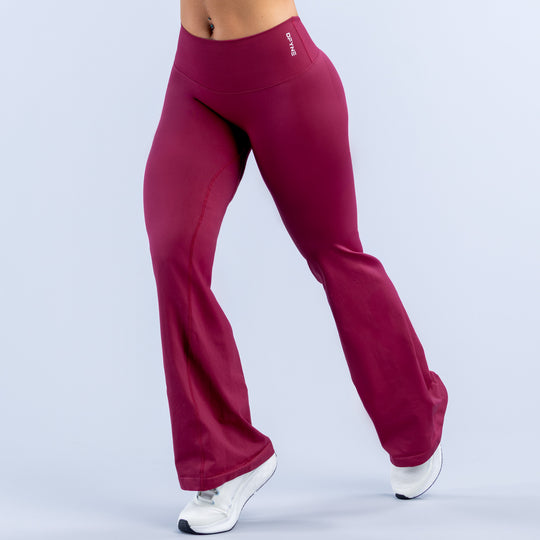 Burgundy flare leggings with high waist and wide bootcut hem