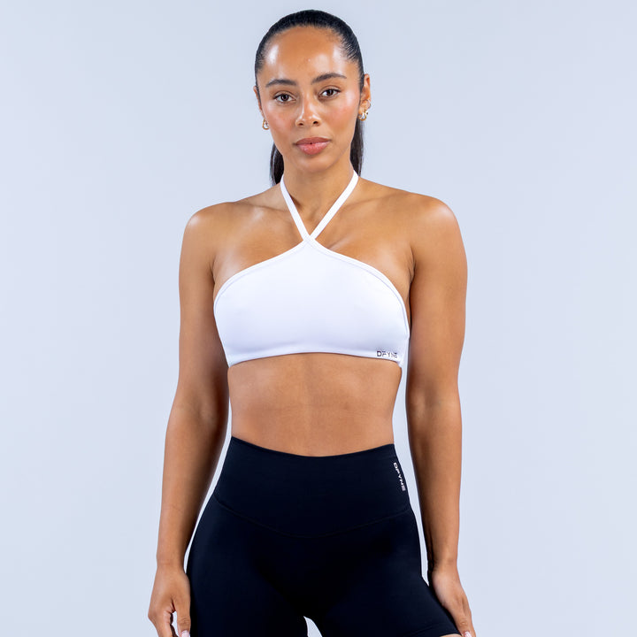 White high-neck halter bra with crisscross straps at front