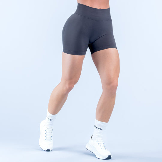 Black 4.5-inch athletic shorts with logo waistband, front view