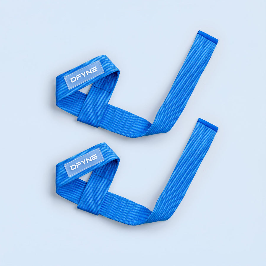 Blue wrist straps with DFYNE logo, adjustable hook-and-loop bands