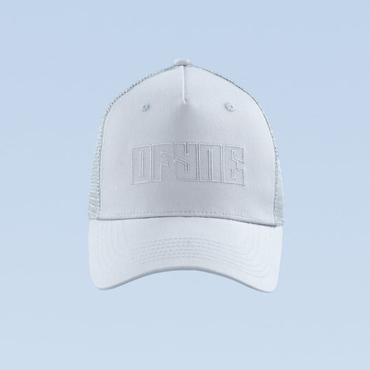 White trucker cap with raised front logo embroidery and curved brim