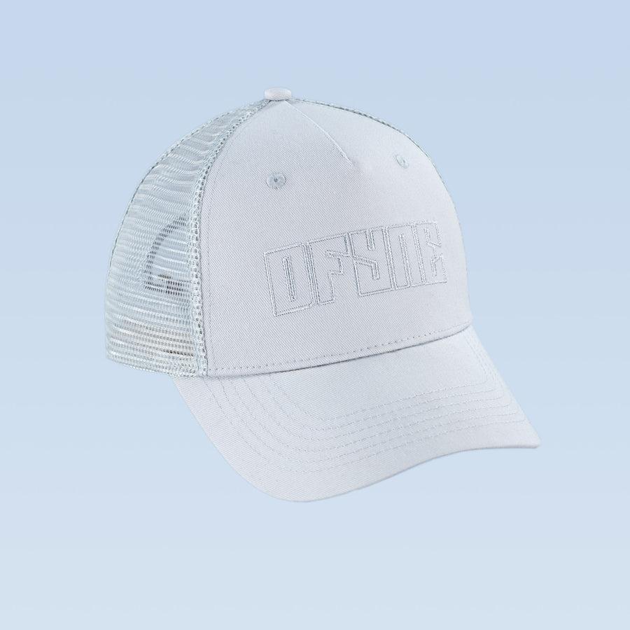 White trucker cap with front logo and mesh back panel, curved brim