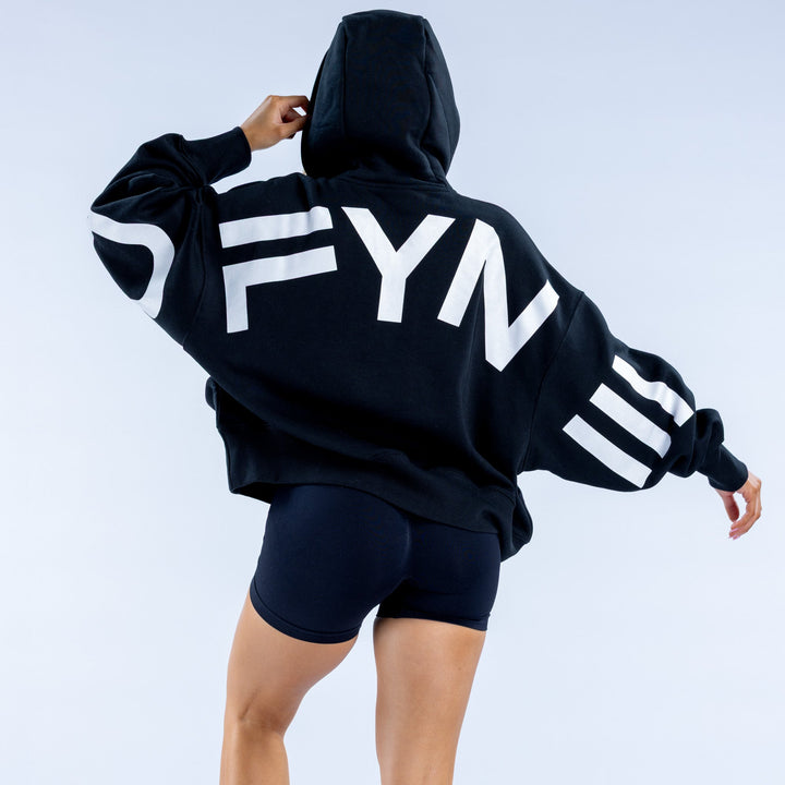 Dark navy hoodie with large back graphic print and contrast white sleeve stripes.