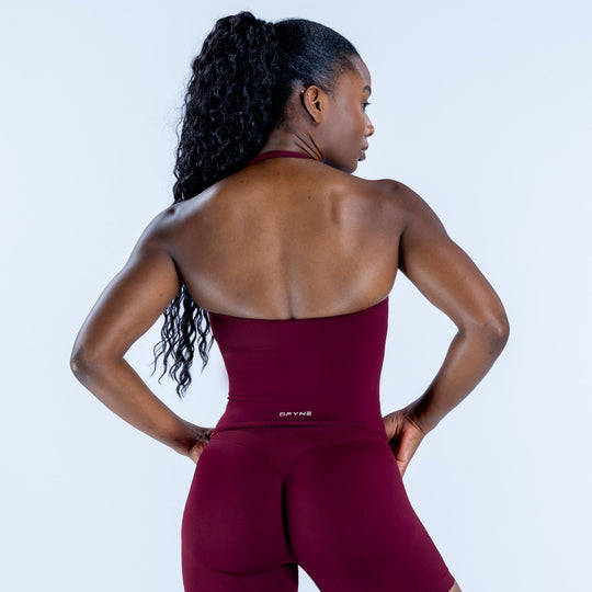 Maroon halter top back view with racerback straps and open back