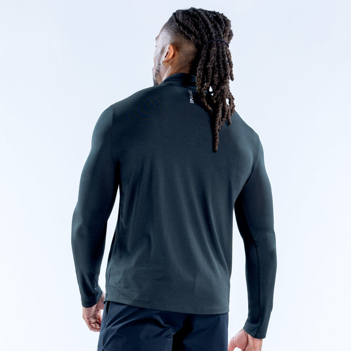 Dark quarter-zip pullover with stand collar and long sleeves, rear view