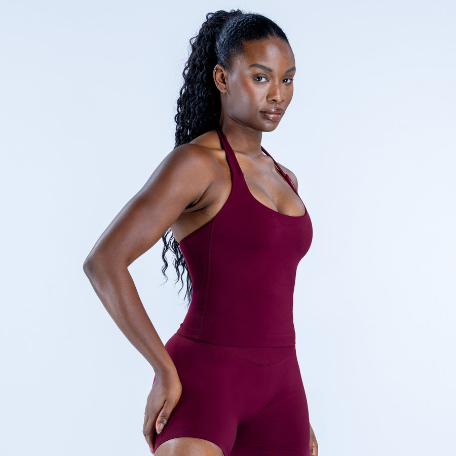 Maroon halter top with fitted silhouette and halter neckline