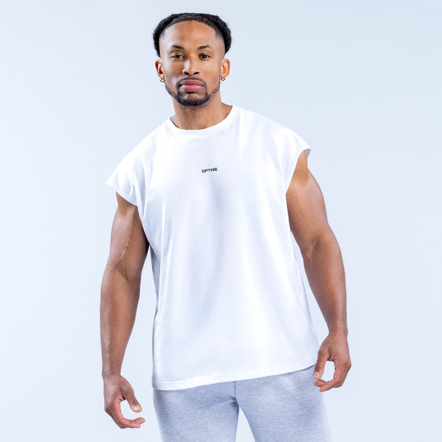 White sleeveless tank top with crew neck and small chest logo