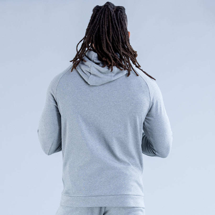 Light gray midweight pullover hoodie, back view, hood with drawstrings