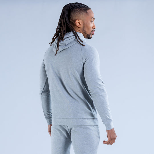 Light gray midweight hoodie, side view, pullover with hood and kangaroo pocket