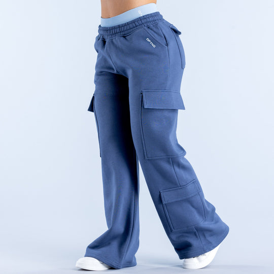 Navy-blue cargo jogger pants with elastic waistband and side cargo pockets