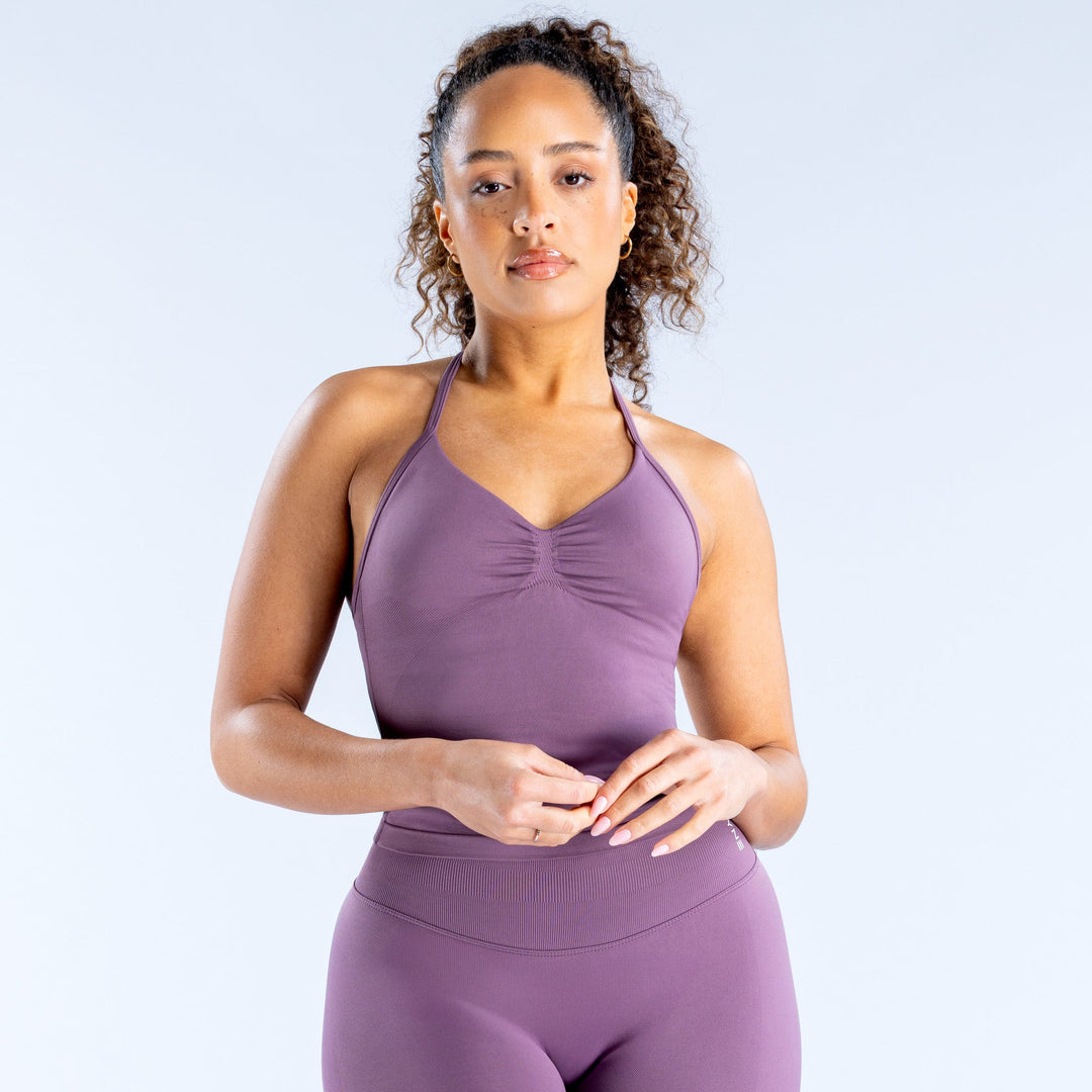 Purple longline strappy sports top with ruched V-neck front