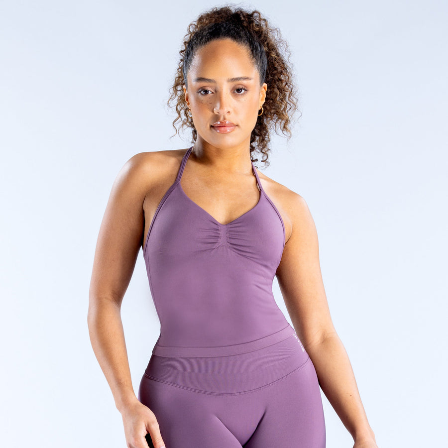 Purple longline strappy sports top with ruched center V-neck and smooth fit