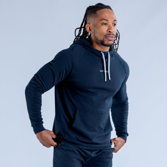 Navy midweight pullover hoodie with drawstring hood and small chest logo