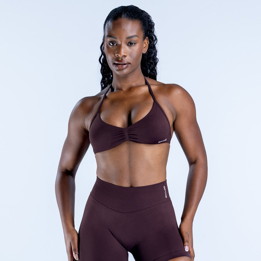 Impact strappy bra in dark plum with ruched cups and thin halter straps