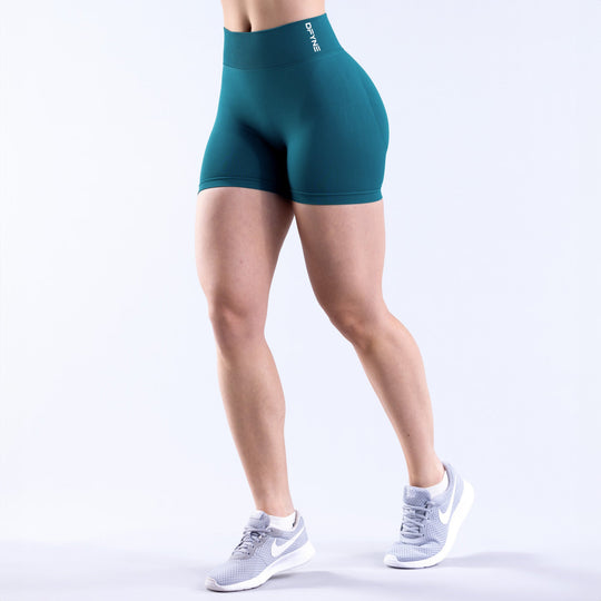 Women's teal 4.5-in athletic shorts with wide waistband, front view