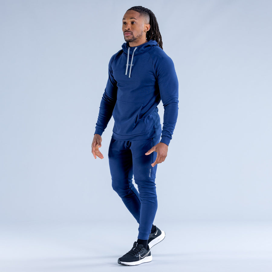 Royal blue midweight hoodie with drawstring hood and kangaroo pocket, full body