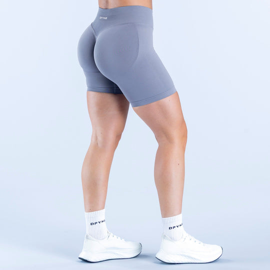 Slate blue 6.5-inch impact biker shorts, high-rise waistband, back logo detail