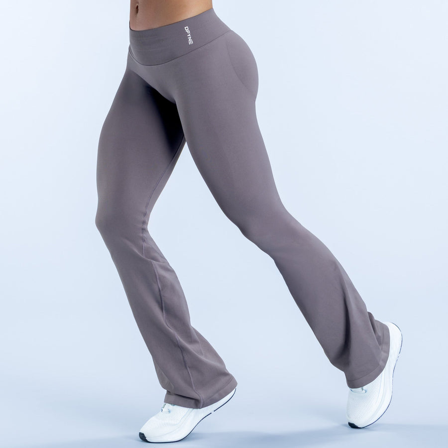 Dark gray flare leggings with high waist, athletic compression fit, flared hem