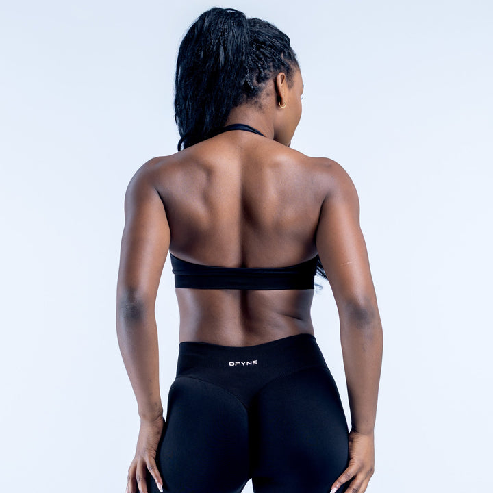 Black high-impact sports bra, racerback back view with logo on band