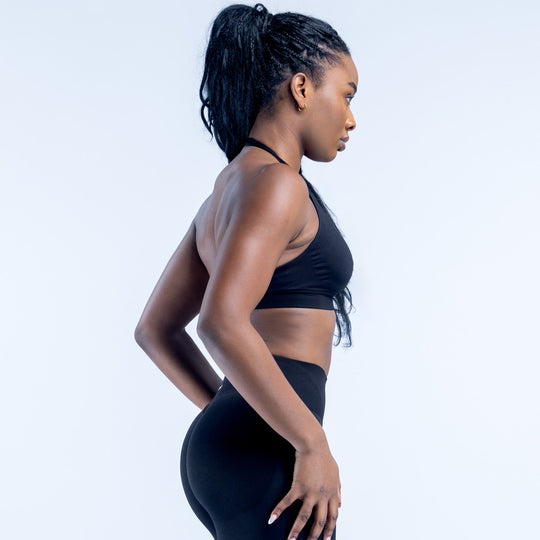 Black high-impact sports bra in side profile with racerback straps