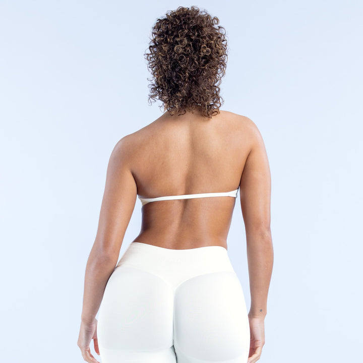 White strappy bra with racerback straps, back view