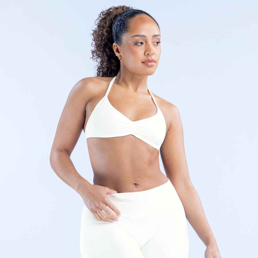 White strappy bra with V neckline, front view