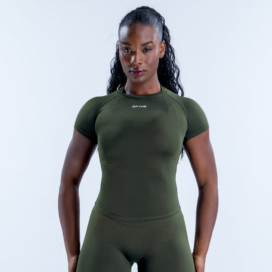 Dark olive short-sleeve Impact top with a fitted cut and crew neck
