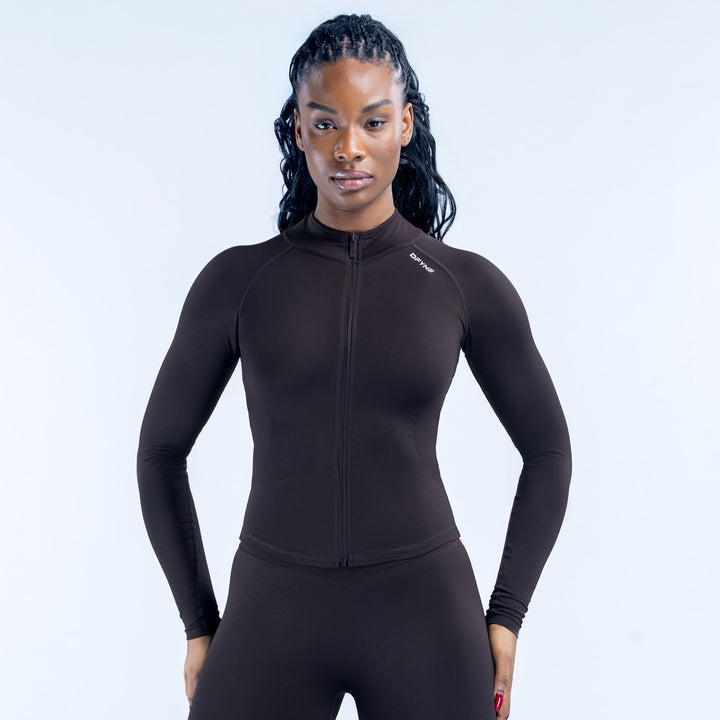 Black full-zip long-sleeve athletic top with stand collar and front zipper