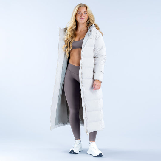 White long down jacket with hood, front zipper and side pockets