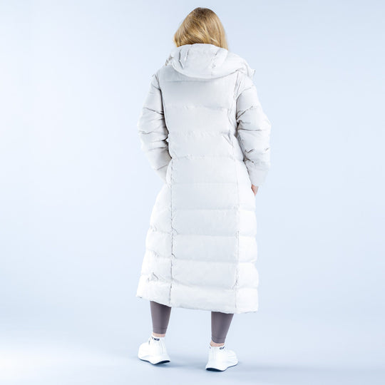 White long down jacket, back view with full hood and quilted stitch pattern