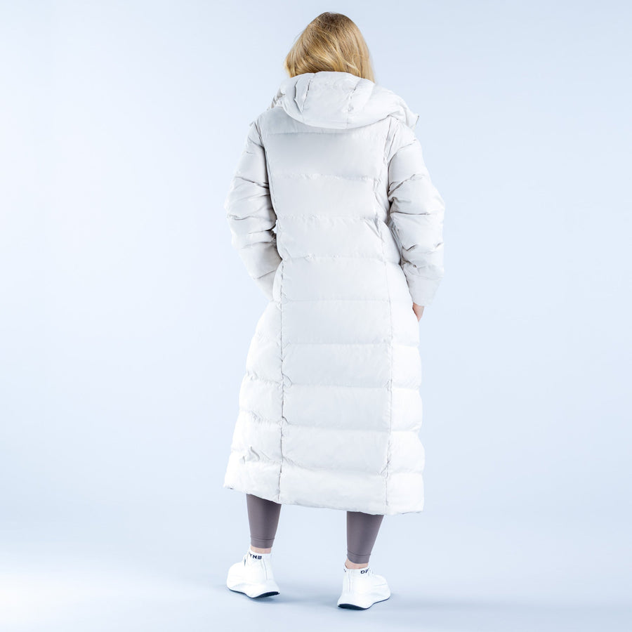 White long down jacket, back view with full hood and quilted stitch pattern