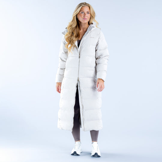 White long puffer down jacket with hood and zip front