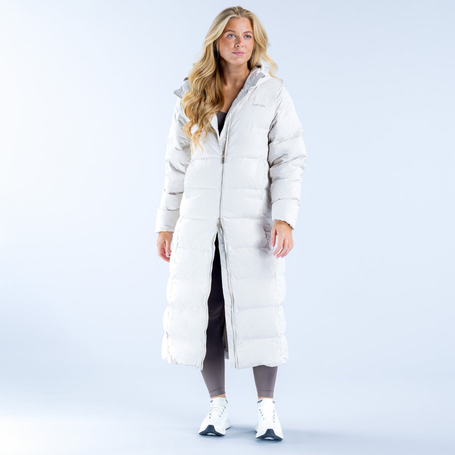 White long puffer down jacket with hood and zip front