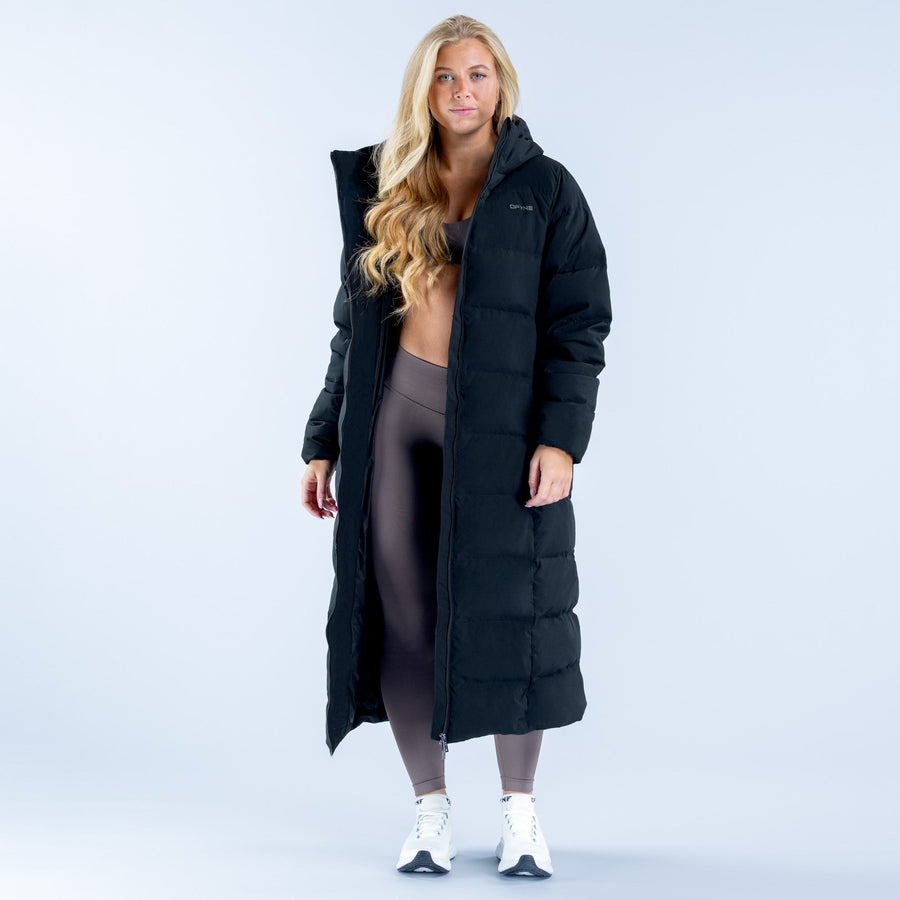 Women's black long down jacket with hood, full zip, and side pockets