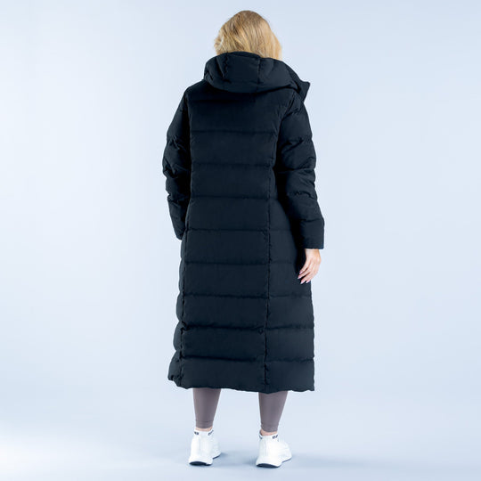 Women's black long down jacket with hood, quilted back view